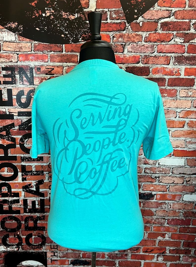 Light blue shirt screen printing by Corporate Creations in Omaha