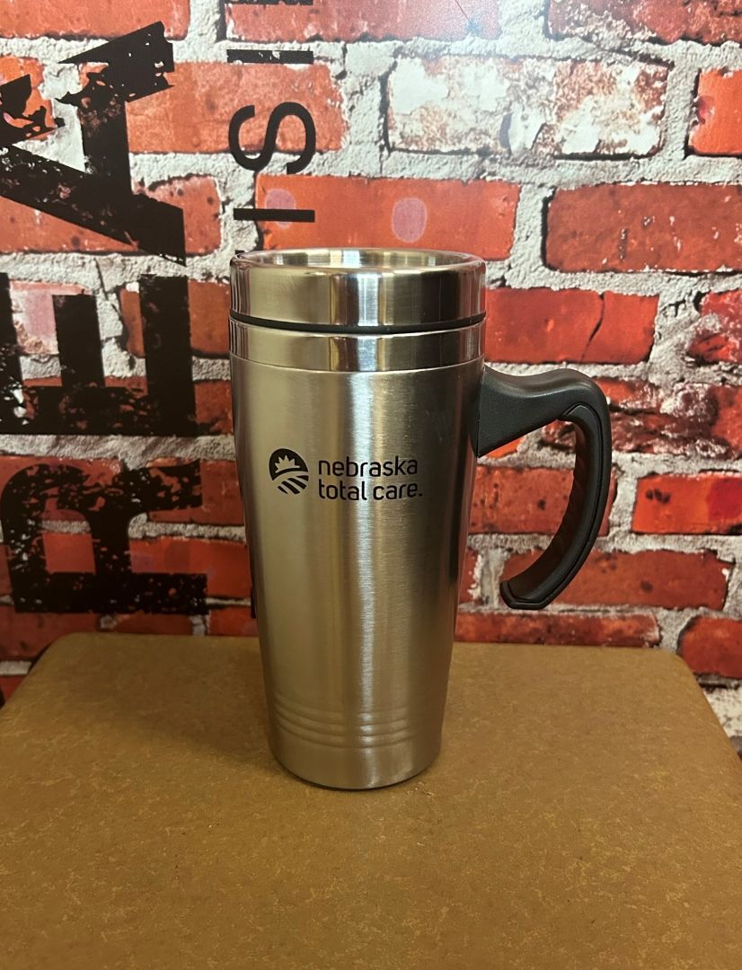 Silver travel mugs promotional product from Corporate Creations og Omaha