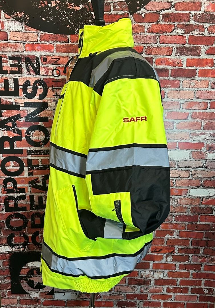 Yellow and black reflective safety coats embroidered by Corporate Creations in Omaha